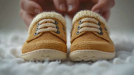 Adorable knitted baby shoes on soft textile background