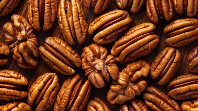 pecan, a close-up view of several pecan nuts. The pecans are shelled, displaying their characteristic grooved and ridged texture. They are a rich brown color and are arranged closely together