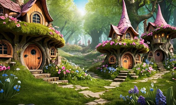 A fantasy scene with three houses with pink roofs and pink flowers on the roof