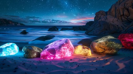 ,Glowing,rocks,shades,pink,blue,red,purple,white,golden,green,illuminate,tranquil,beach,night,starry,sky,sound,waves,create,magical,otherworldly,scene,