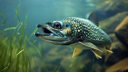 Fototapeta premium pike, a fish swimming underwater. It appears to be a northern pike, characterized by its elongated body and pointed snout. The fish has a greenish body with lighter, yellowish spots