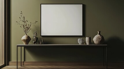 A minimalist entryway with a blank poster on a dark olive green wall. The space has a slim console table with decorative elements, including a vase and a small sculpture.