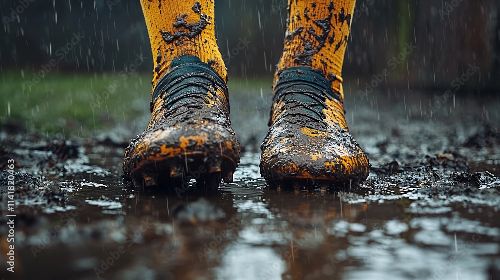 Poster close-up of muddy football boots after a match illustrating challenges and perseverance stock photo 