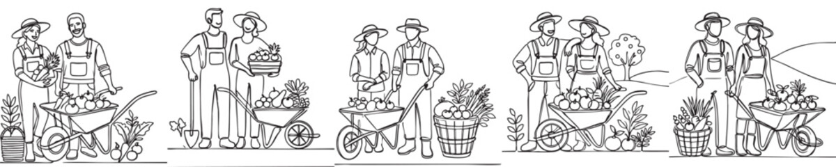 set continuous line of farmer couples