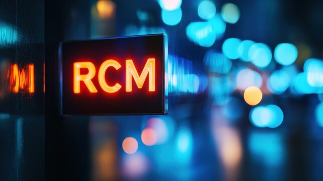 Urban night scene featuring illuminated rcm sign city center photography nighttime close-up modern aesthetic