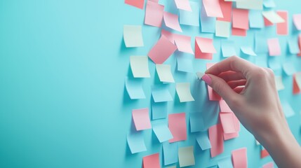 A close up shot of a hand placing a sticky note on a wall filled with other notes, categorized by color and theme during a strategic planning meeting.