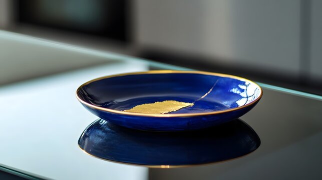Cobalt blue earthenware plate with gold repair on a sleek glass surface, blending ancient techniques with modern kitchen design