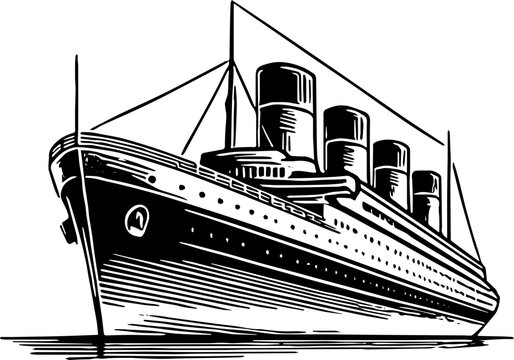 Vintage ocean liner illustration, cruise ship artwork, nautical travel concept, maritime history graphic, retro steamship drawing, black and white ship art, transportation design, voyage-themed decor