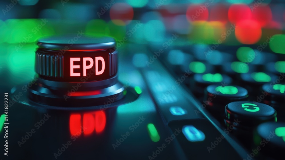 Poster activating epd control button technology hub digital interface neon environment close-up perspective