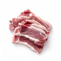 Obraz premium pork, several slices of raw meat, likely pork, arranged in a slightly overlapping manner. The meat has a mix of pinkish-red flesh and white fat, with the fat forming a marbled pattern throughout