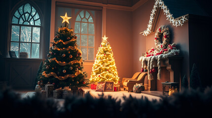 Fototapeta premium A Christmas scene bathed in intense dramatic lighting and soft pastel colors high contrast creates a gentle yet subtly tense atmosphere.jpg