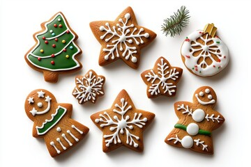 Assortment of Christmas gingerbread cookies, including a tree, stars, and a snowman, on a white background.