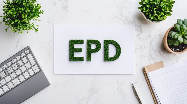 Epd green typography on white desk with succulents and keyboard for business and branding concepts
