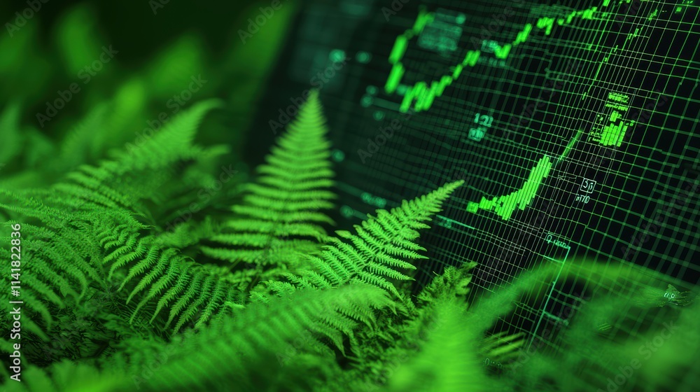 Poster green data trends nature's chart patterns in a lush environment digital insights close-up view