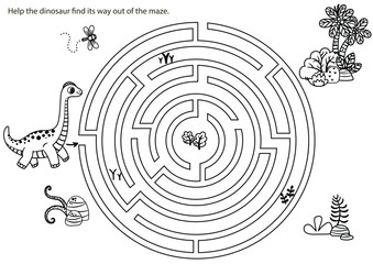 Help the dinosaur find its way out of the maze. Black and white vector illustration.