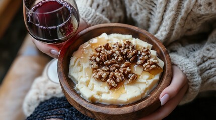 Woman enjoys cheese, walnuts, honey, and red wine.