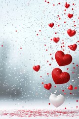 Obraz premium A beautiful arrangement of sparkling red and white hearts falling softly, creating a romantic and festive atmosphere perfect for love-themed projects.