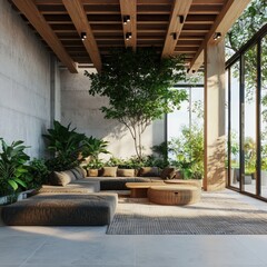 Sustainable living design modern eco-friendly home interior natural textures indoor plants minimalist space tranquil environment