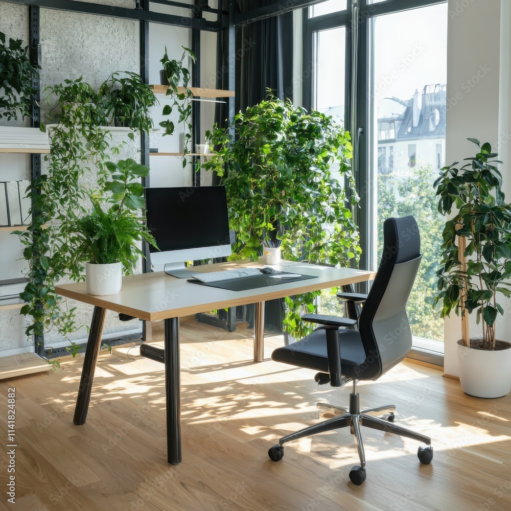 Poster creating a minimalist sustainable workspace setup with eco-friendly elements in a bright indoor envi