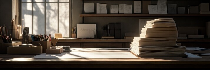 Obraz premium Sunlit artist's workspace with drawing materials, books, and papers on wooden desk near window.