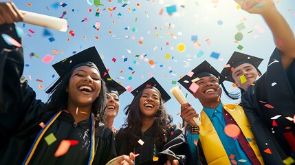 A group of diverse graduates in caps and gowns celebrating outdoors with confetti under a bright blue sky