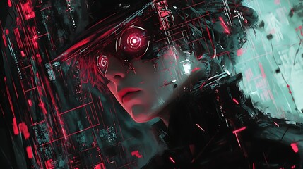 Cyberpunk woman with glowing red eyes and digital overlay.