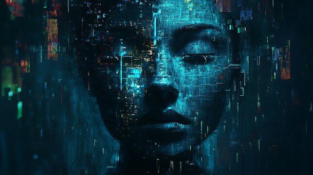 Digital woman face composed of data streams.