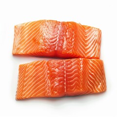 salmon, two raw salmon fillets placed side by side on a white background. The fillets have a bright orange color with visible white marbling, which are the fat lines running through the flesh