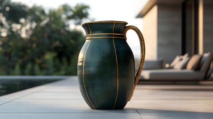 Dark green earthenware pitcher with golden seams on a minimalist outdoor patio, blending ancient artistry with modern outdoor living spaces