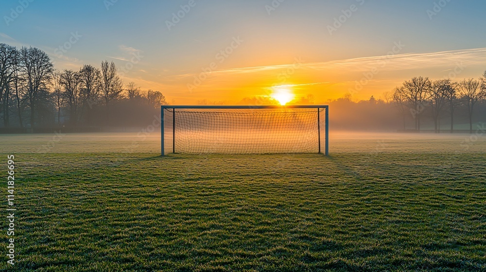 Poster Goalposts in an empty field at sunrise representing dreams and opportunities ahead in life Stock Photo with side copy space