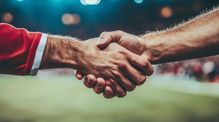 Players shaking hands after a football match symbolizing sportsmanship and valuable life lessons Stock Photo with side copy space