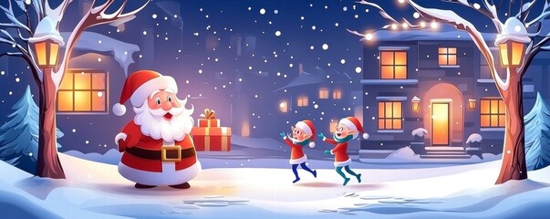 Santa Claus and Elves in Snowy Christmas Village