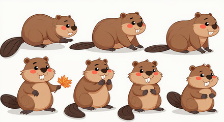 Cute Cartoon Beaver Illustration Set with Various Poses - Perfect for Kids' Education and Design Projects