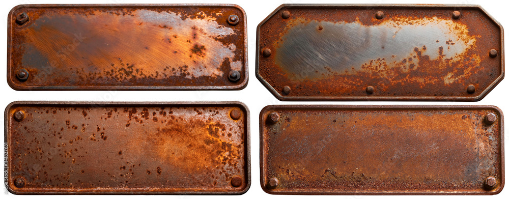 Poster set of metal empty rectangular placards with rusted surface and studs, isolated on transparent or wh