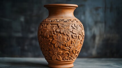 Decorative traditional clay vase with detailed carvings, representing the artistry of earthenware pottery