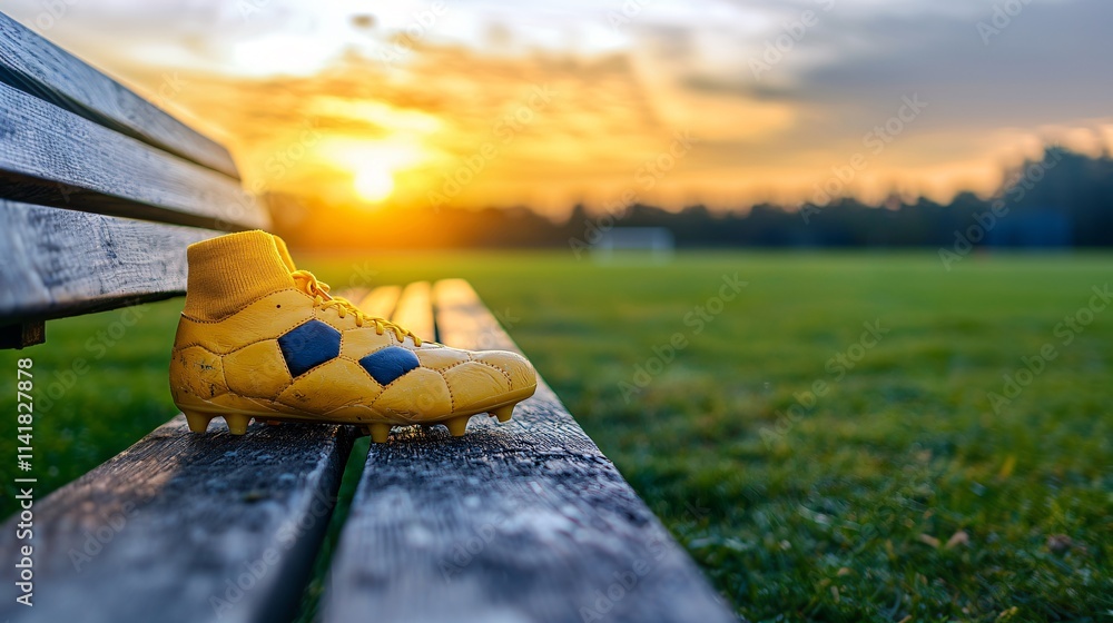 Poster football boots resting on a bench after a hard day of practice symbolizing effort and hard work stoc