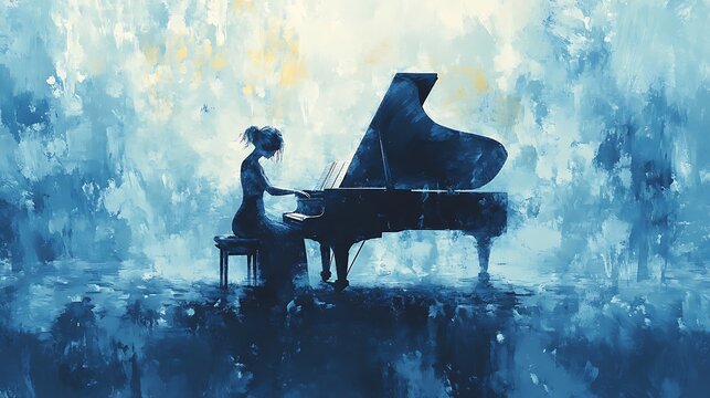 Woman playing grand piano in a dreamy blue landscape.