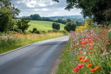 Bright wildflowers line a winding country road under a partly cloudy sky in rural landscape