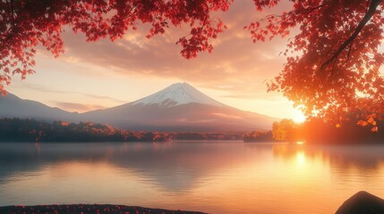 Serene sunset view of Mount Fuji with vibrant autumn leaves reflecting on a tranquil lake.