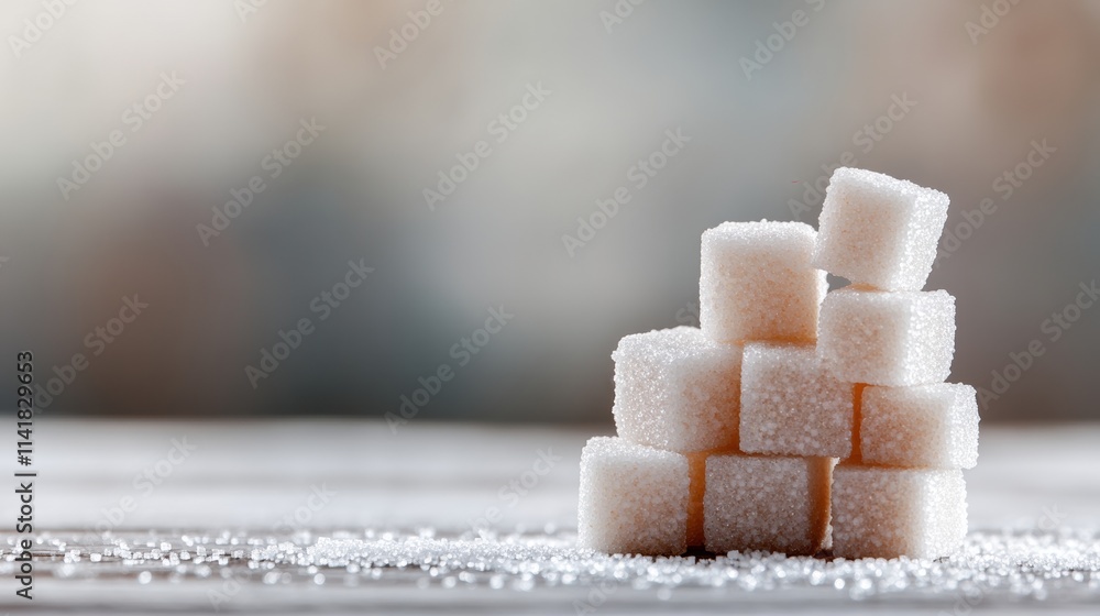 Poster a stack of sugar cubes resting on a wooden surface, surrounded by granulated sugar, creating a simpl