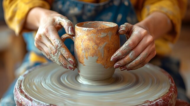 Dirty female hands carefully shaping a mug with clay on a potter's wheel, mastering the craft of ceramics