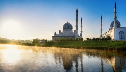 Fototapeta premium Sunrise Serenity: Majestic Mosque Reflected in Tranquil Waters