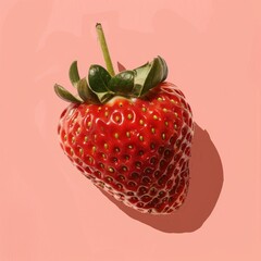 strawberry, a single ripe strawberry against a solid pink background. The strawberry is bright red with small seeds visible on its surface and has a green leafy top
