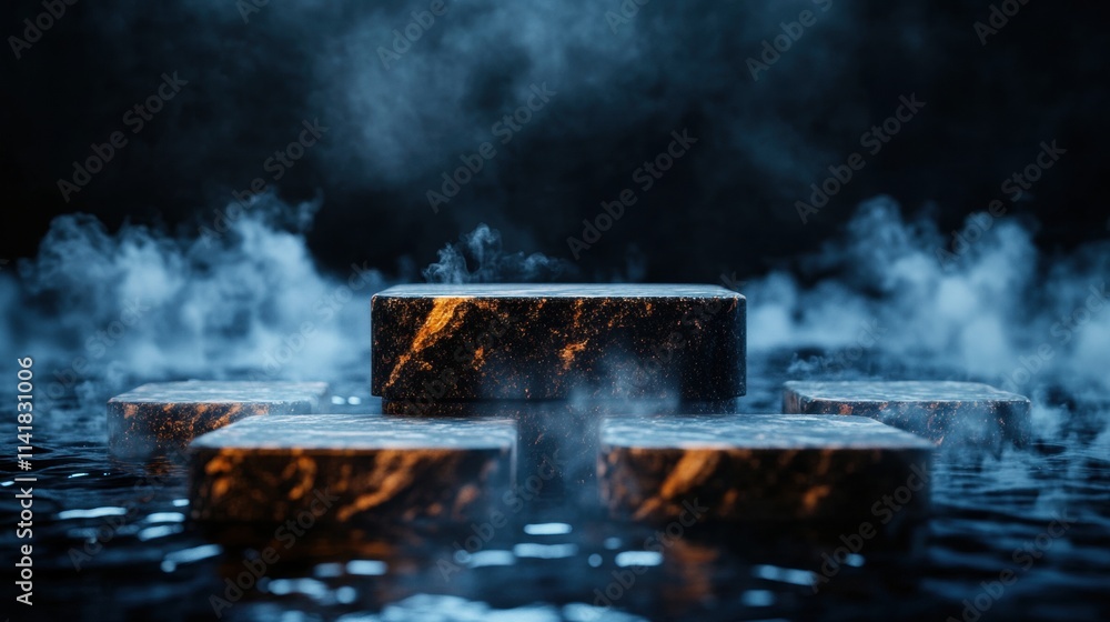 Aufkleber a mystical arrangement of dark stone blocks surrounded by soft mist, creating a serene and atmospher