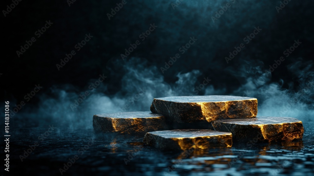 Poster an artistic arrangement of illuminated stones resting on a reflective surface, surrounded by a myste