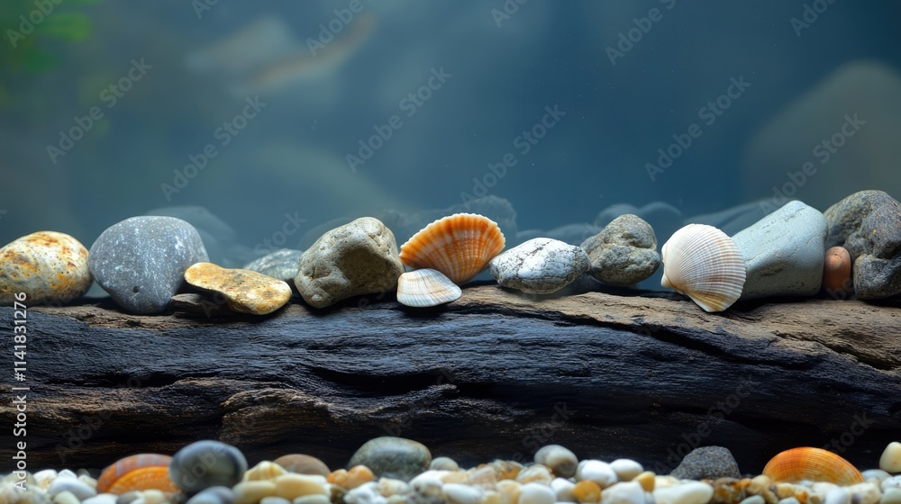Poster rocks and colorful shells arranged on a weathered log in a serene aquatic environment