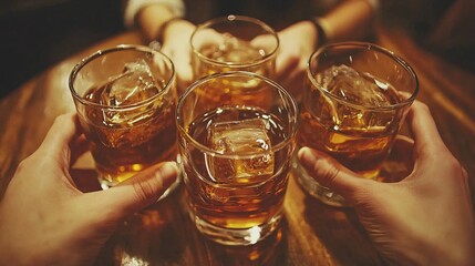 Group of friends clinking glasses at a party celebrating personal milestones and joyful achievements Stock Photo with side copy space