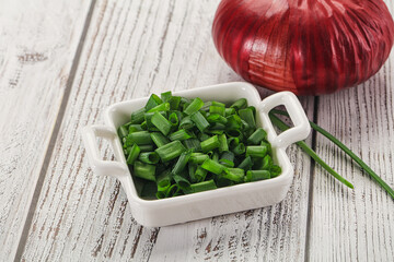 Diced green onion in the bowl
