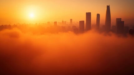 Fototapeta premium Stunning sunset over city skyline urban landscape aerial view foggy atmosphere for seo optimization