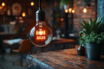 Realistic lamp with the inscription of 2025 year instead of the filament of incandescence, isolated on a dark background
